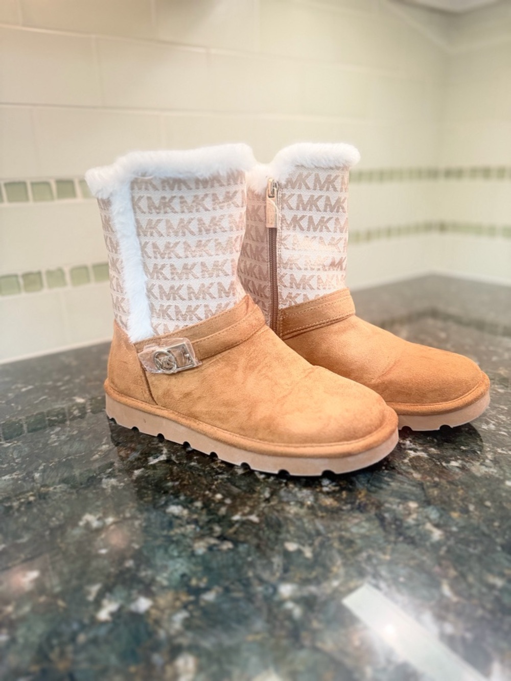 Michael Kors Tan & White Logo Suede Shearling Mid-Calf Boots